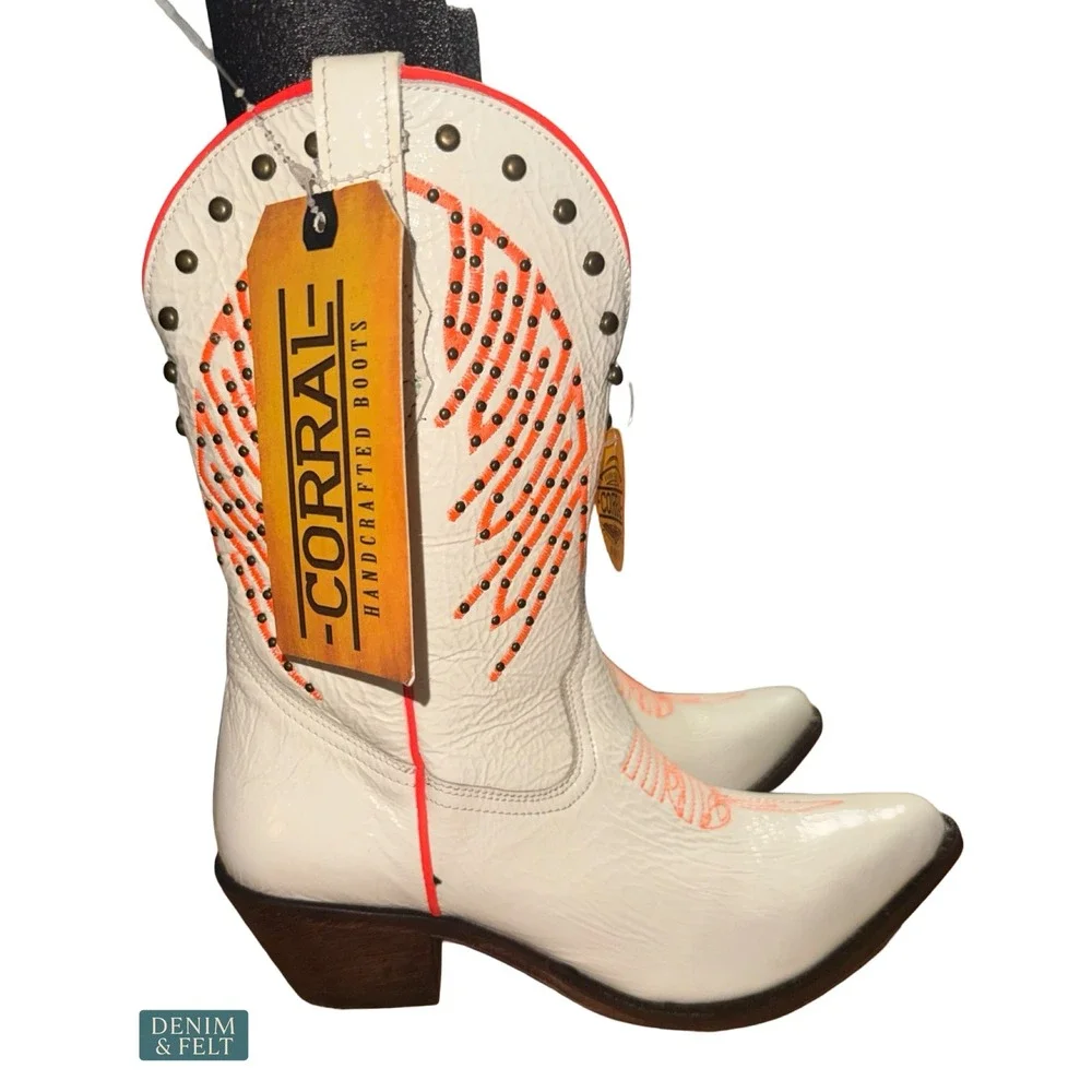 NEW Corral Fluorescent Studded White Pink Western Cowgirl Boots Round Toe Size 8